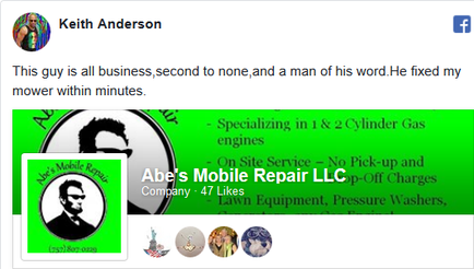 Facebook review of Abe's Mobile Repair after lawn mower repair in Virginia Beach.