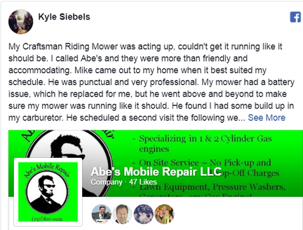 Facebook review of Abe's Mobile Repair after riding mower fixed.