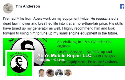 Online review of Abe's Mobile Repair mower and small engine equipment services