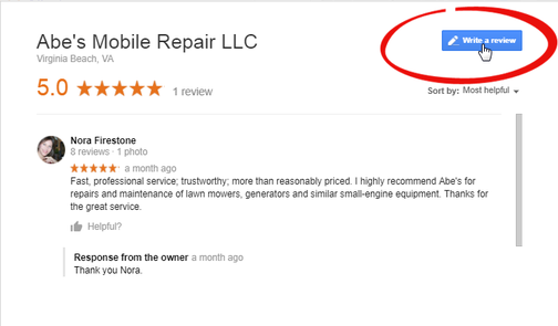 Write a Google review of Abe's Mobile Repair lawn mower and small engine equipment repair services.
