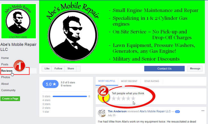 How to leave a Facebook review for Abe's Mobile Repair mower service in Hampton Roads
